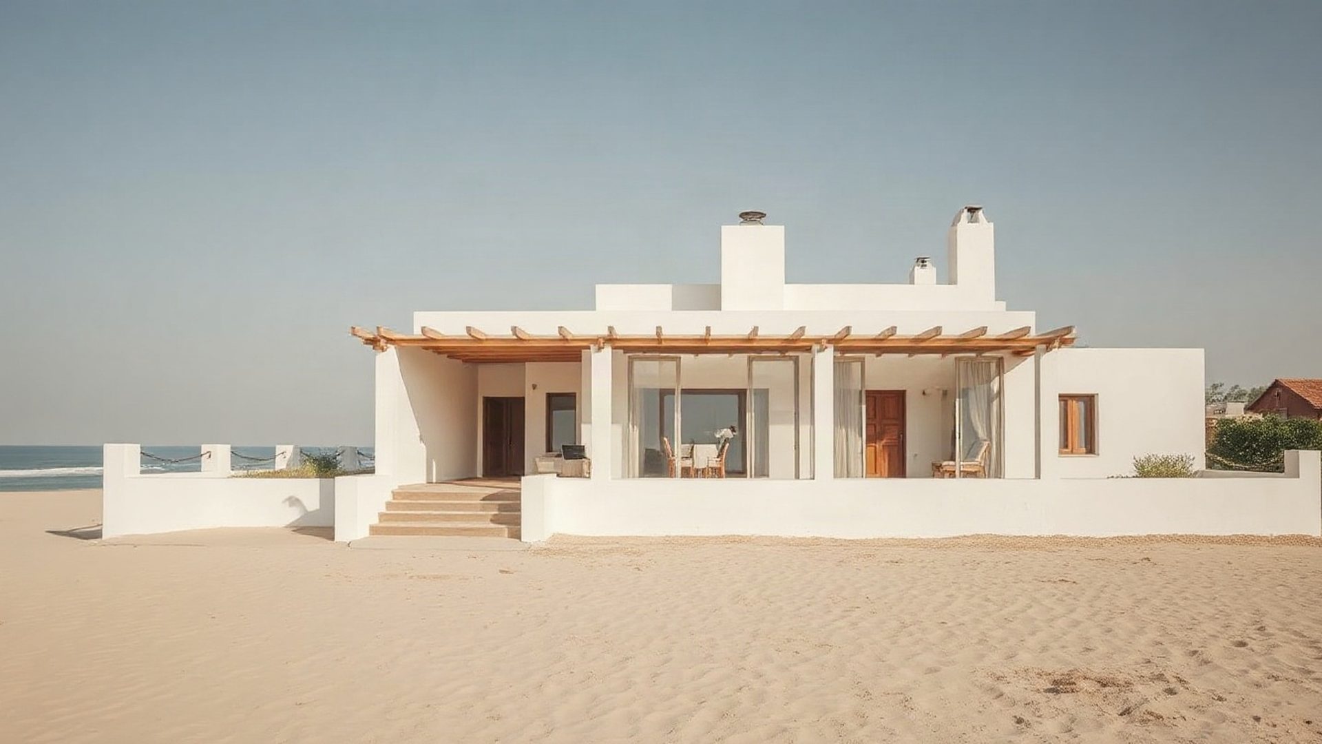 Whitewashed beachfront villa on the Kenyan coast under sharp equatorial light