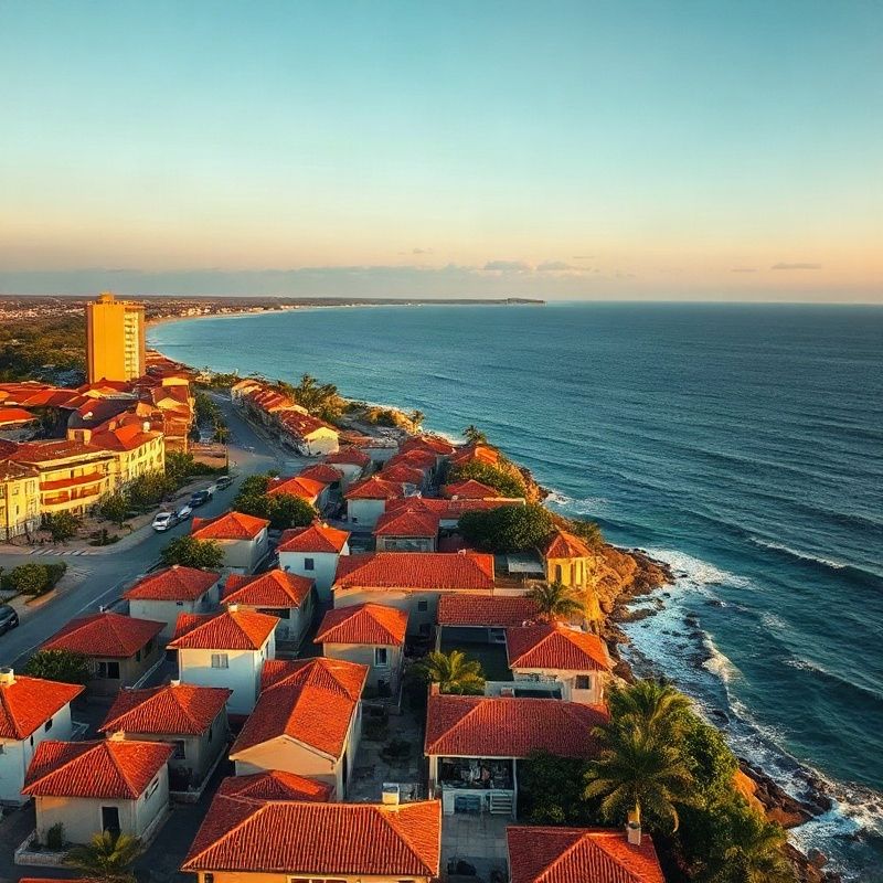Aerial view of the Malindi coastline with ochre rooftops and the Indian Ocean