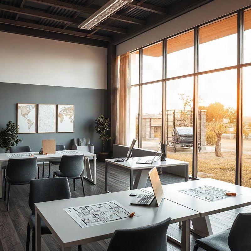 Modern property agency office interior in Malindi with printed floor plans on empty desks
