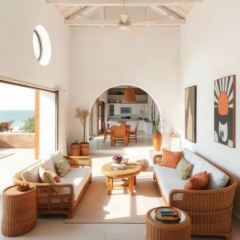 Light-filled living room in a coastal Kenyan property with rattan furnishings